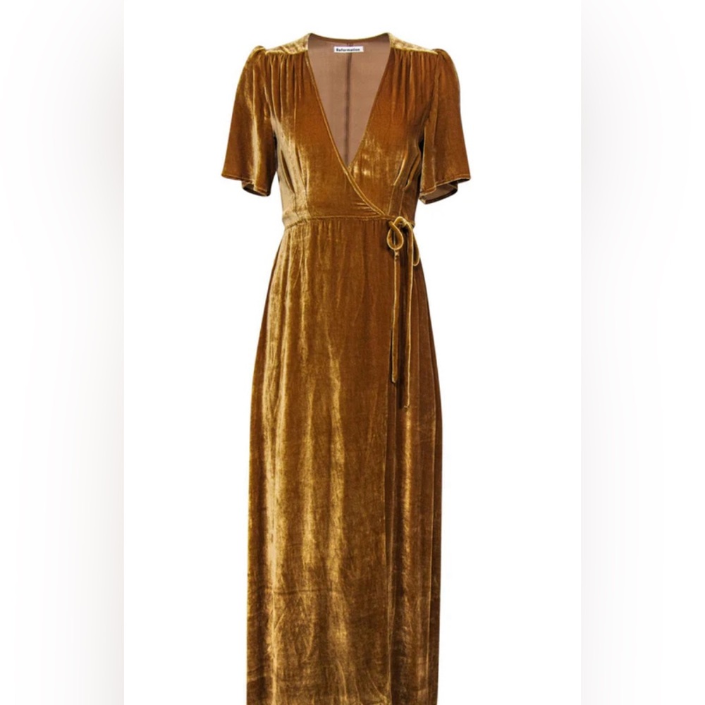 The Reformation Gold Wrap Velvet Dress